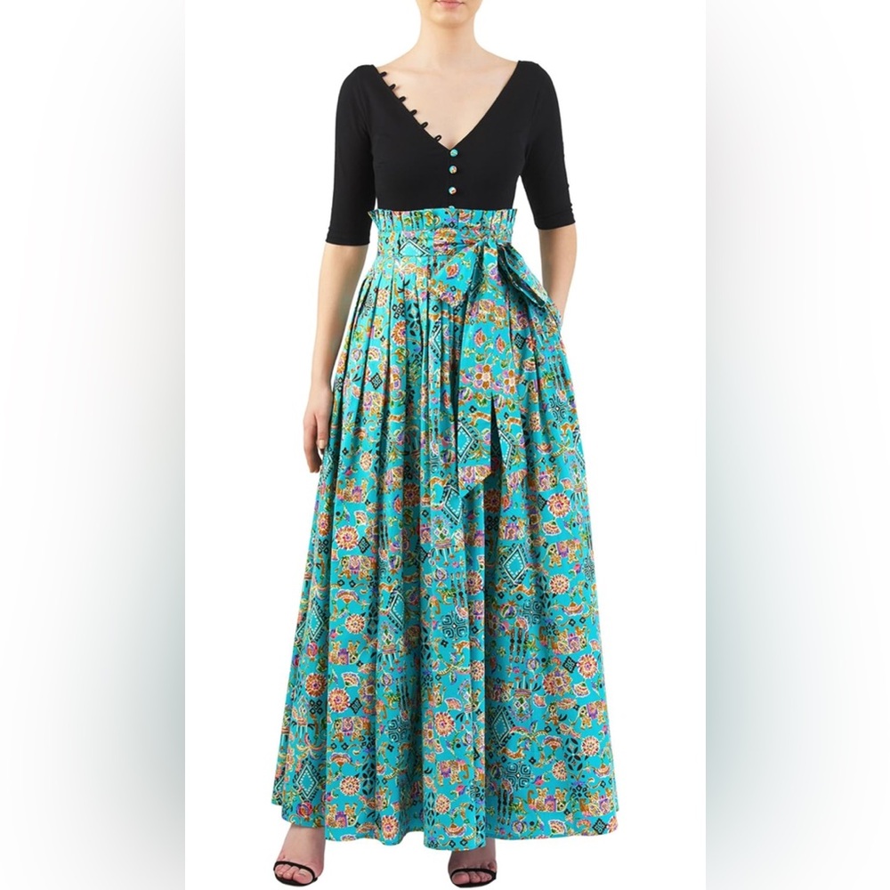 eShakti Black and Teal Floral Maxi Dress